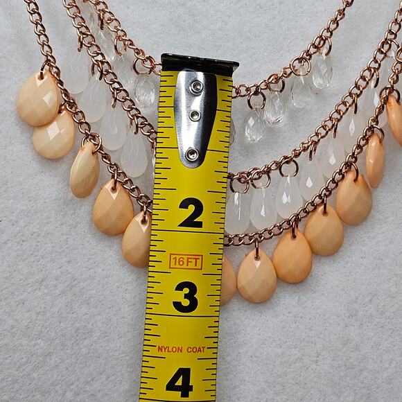 Beaded Statement Necklace Dangle Peach Clear Faceted Acrylic Rosy Goldtone Chain - Picture 6 of 6